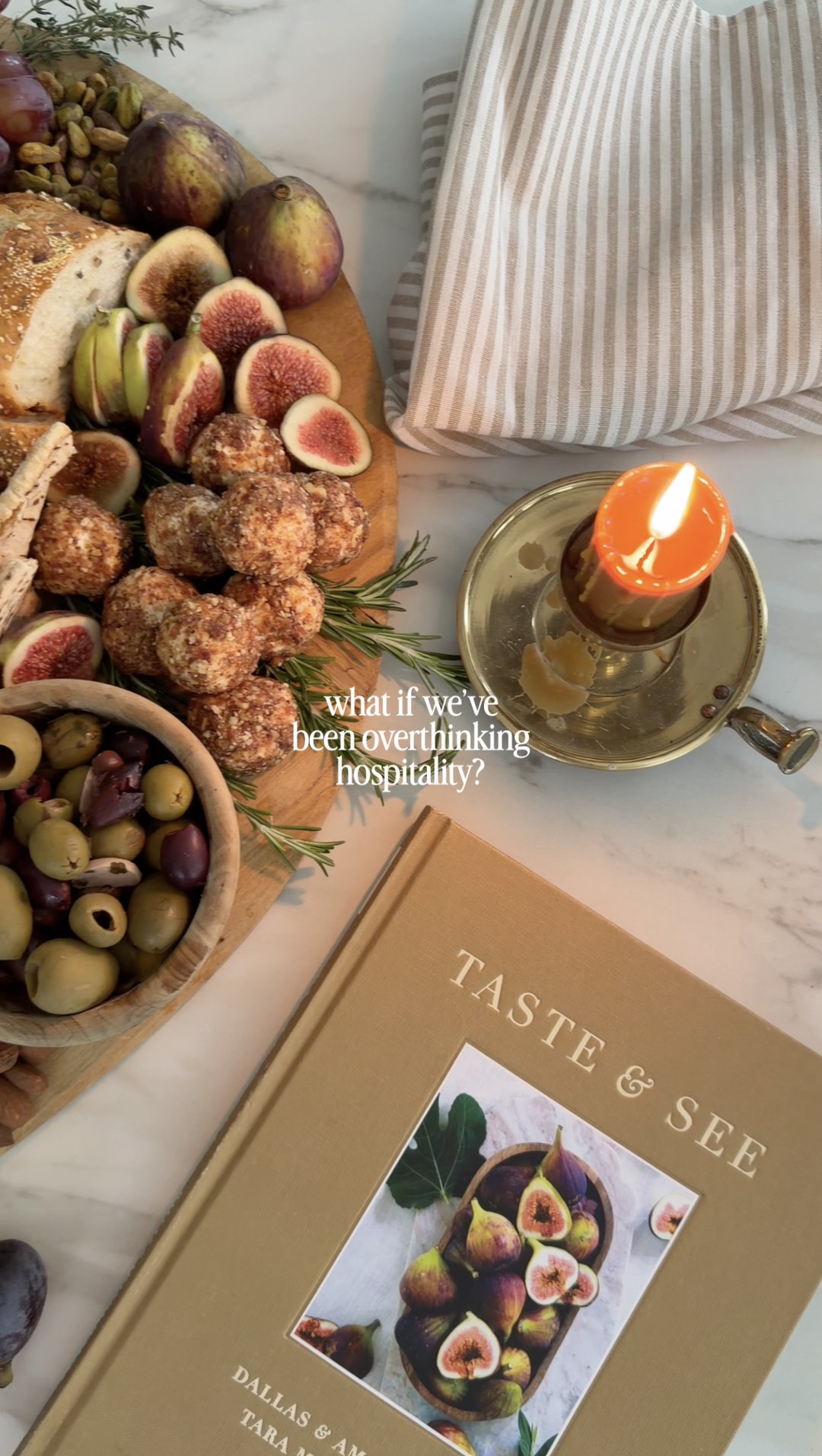 Amy Romfo — The Gathering Reel: charcuterie board with Honey Goat Cheese Truffles, figs and olives beside the Taste & See cookbook