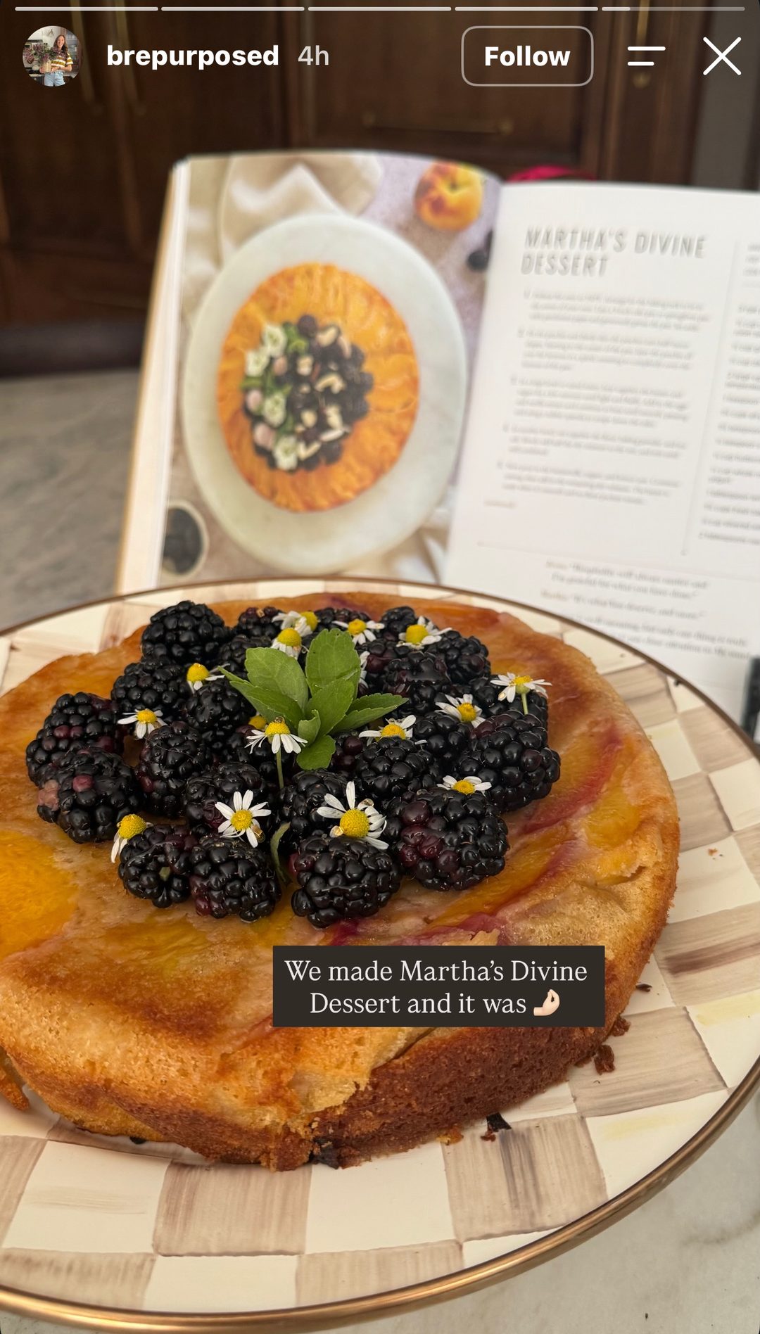 Bre Bertolini — Story Set 2, Martha's Divine Dessert baked from the book alongside the open recipe page